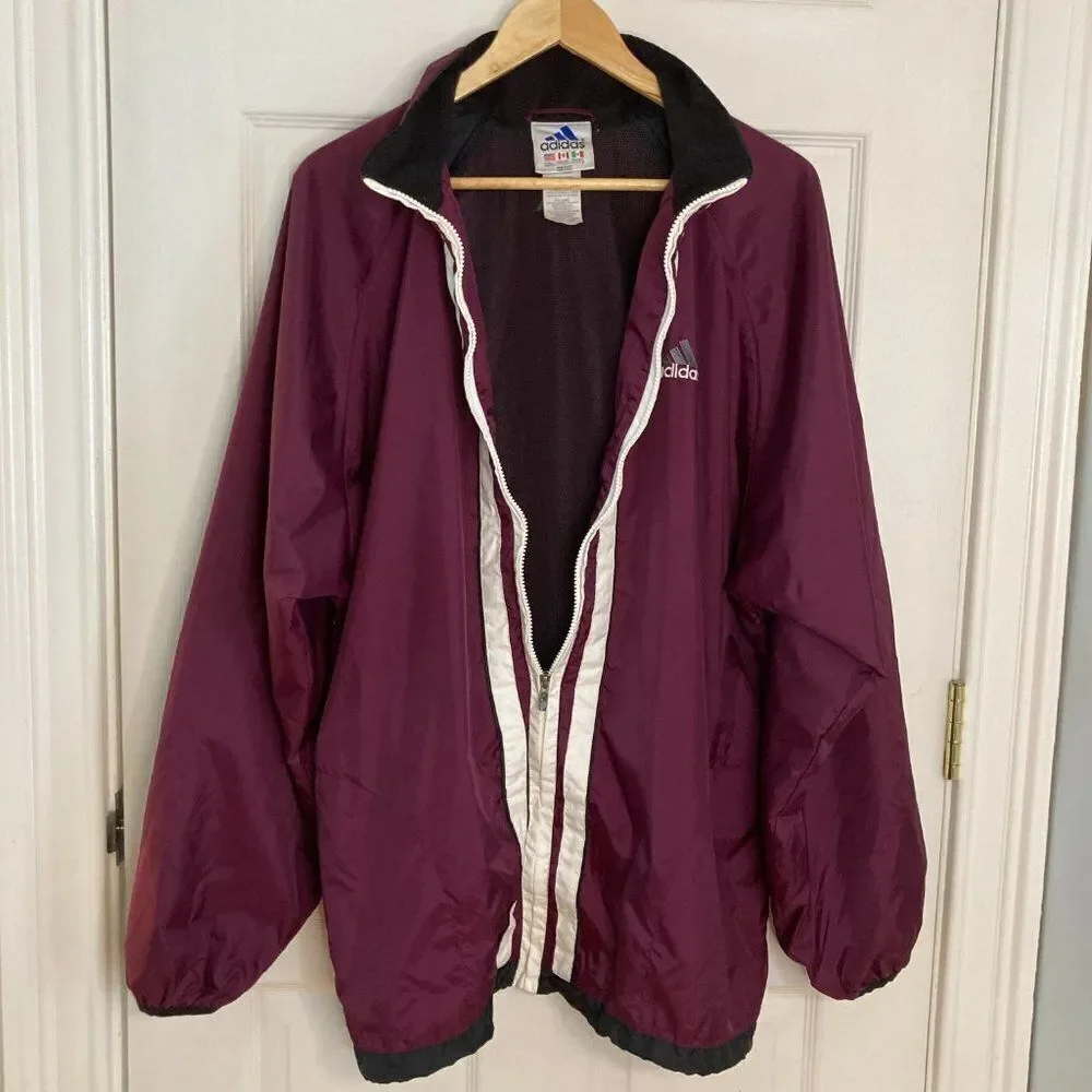 Vintage Adidas Nylon Three Stripe Full Zip Windbreaker Size Large